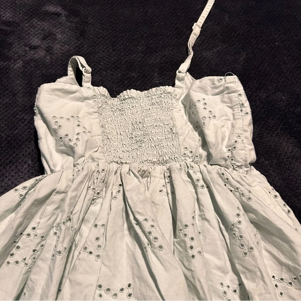 Boden Teal Blue 100% Cotton Eyelet Star Print‎ Pleated Dress 5-6 Year FLAW